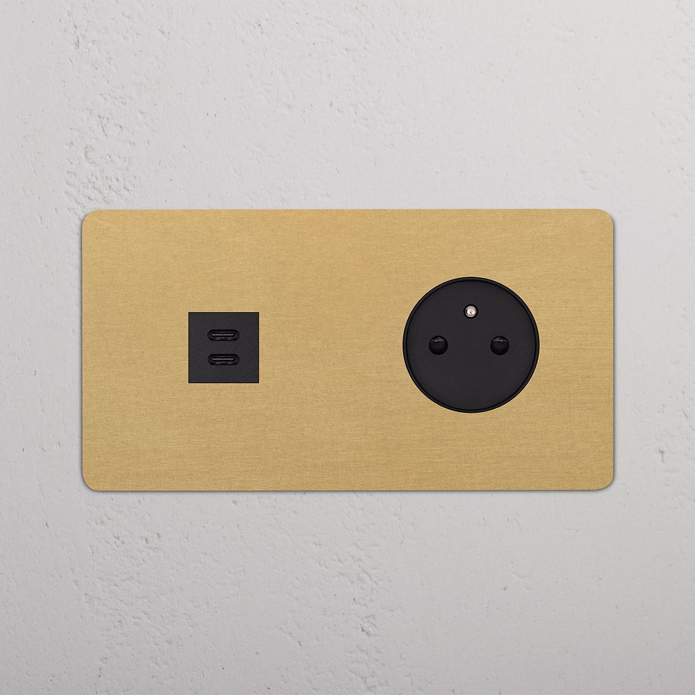 Kew Double USB-C 30W & French/Belgian Type E Socket - Antique Brass | Black