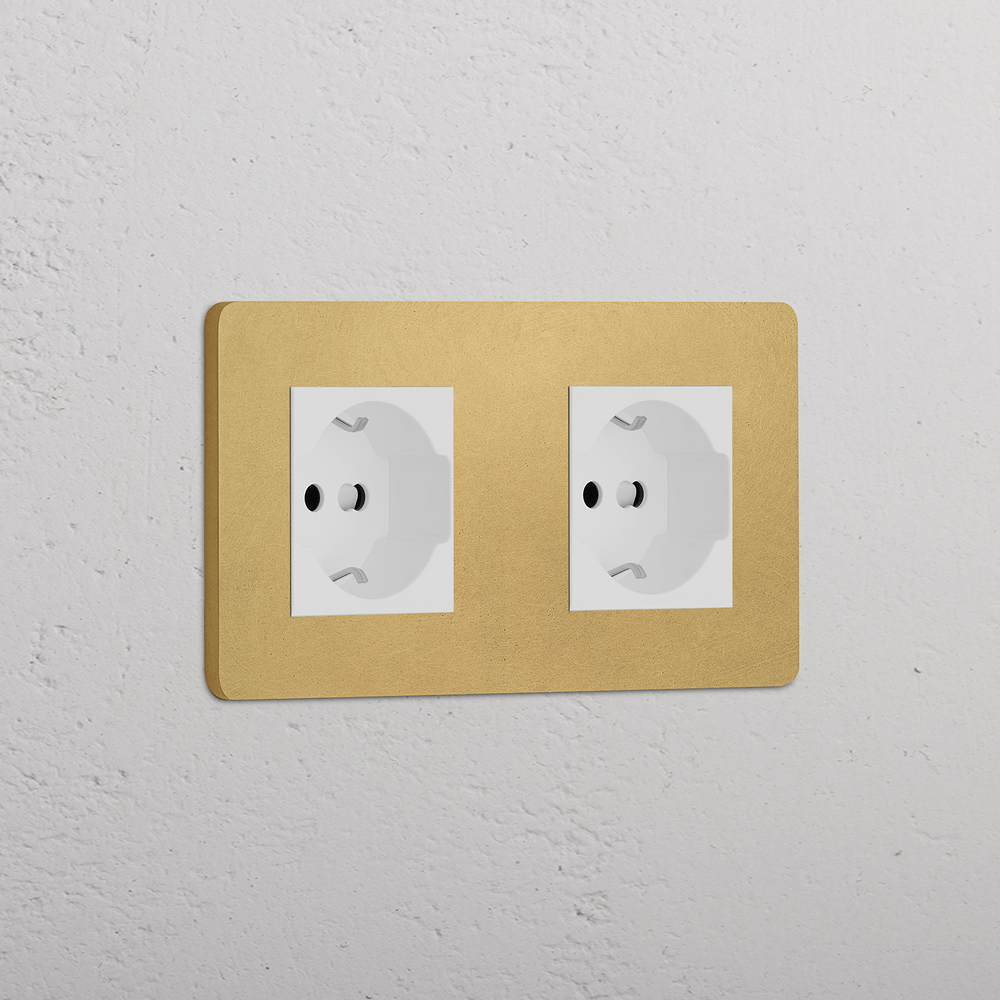 Grove Double 2x Schuko/Bipasso Socket - Antique Brass | White