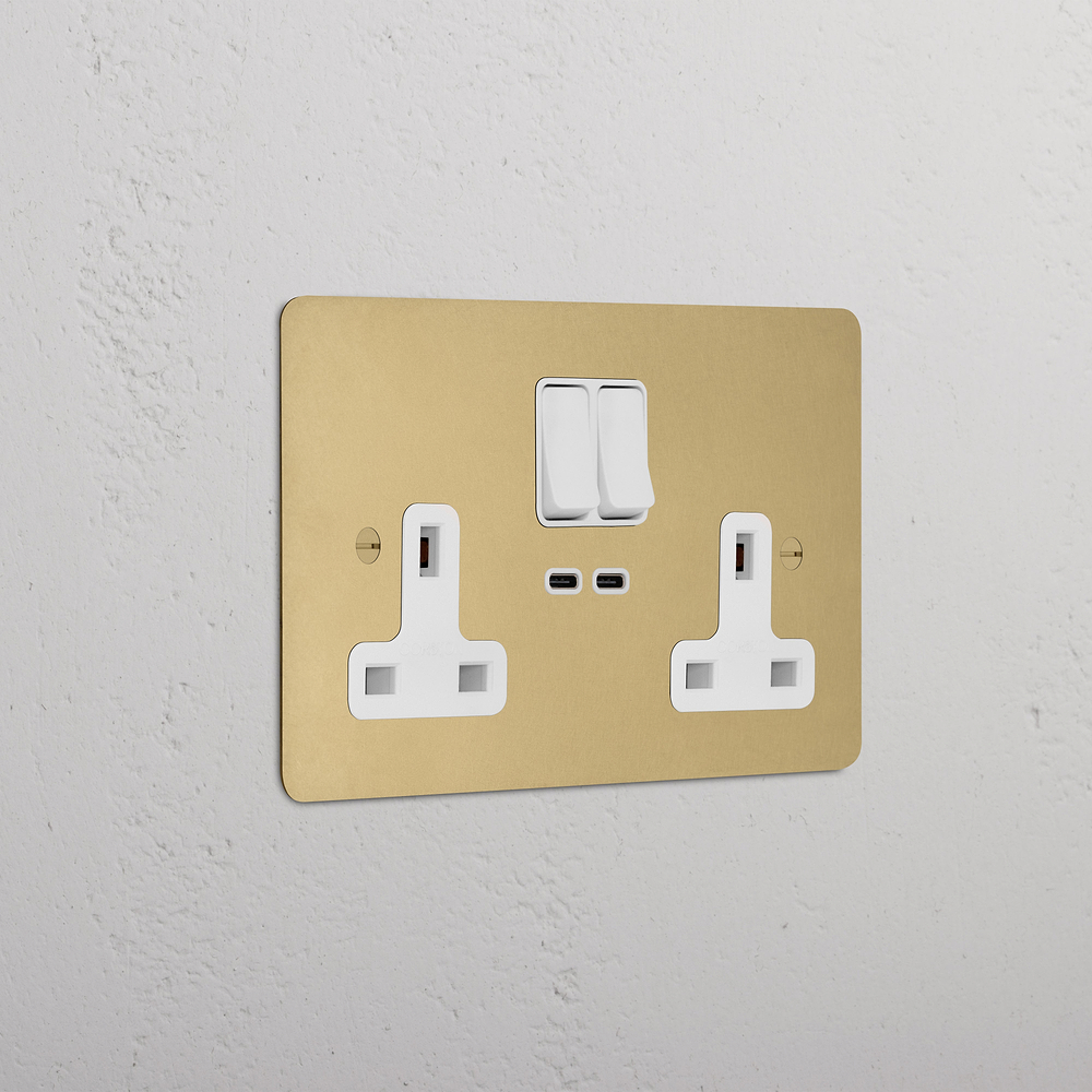 Double Socket & USB-C Fast Charge - Antique Brass | White
