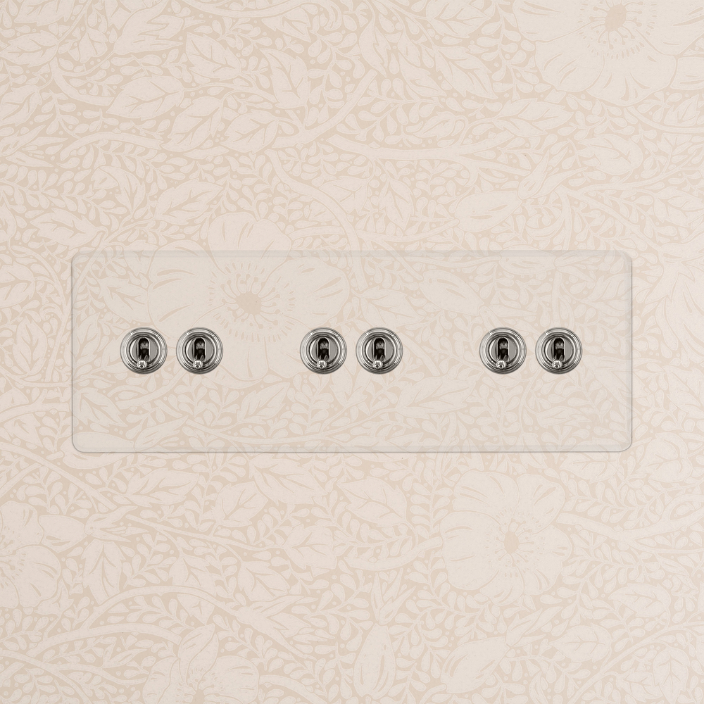 Kew Kipphebelschalter 6x in Dreifachrahmen – Transparent + Poliertes Nickel