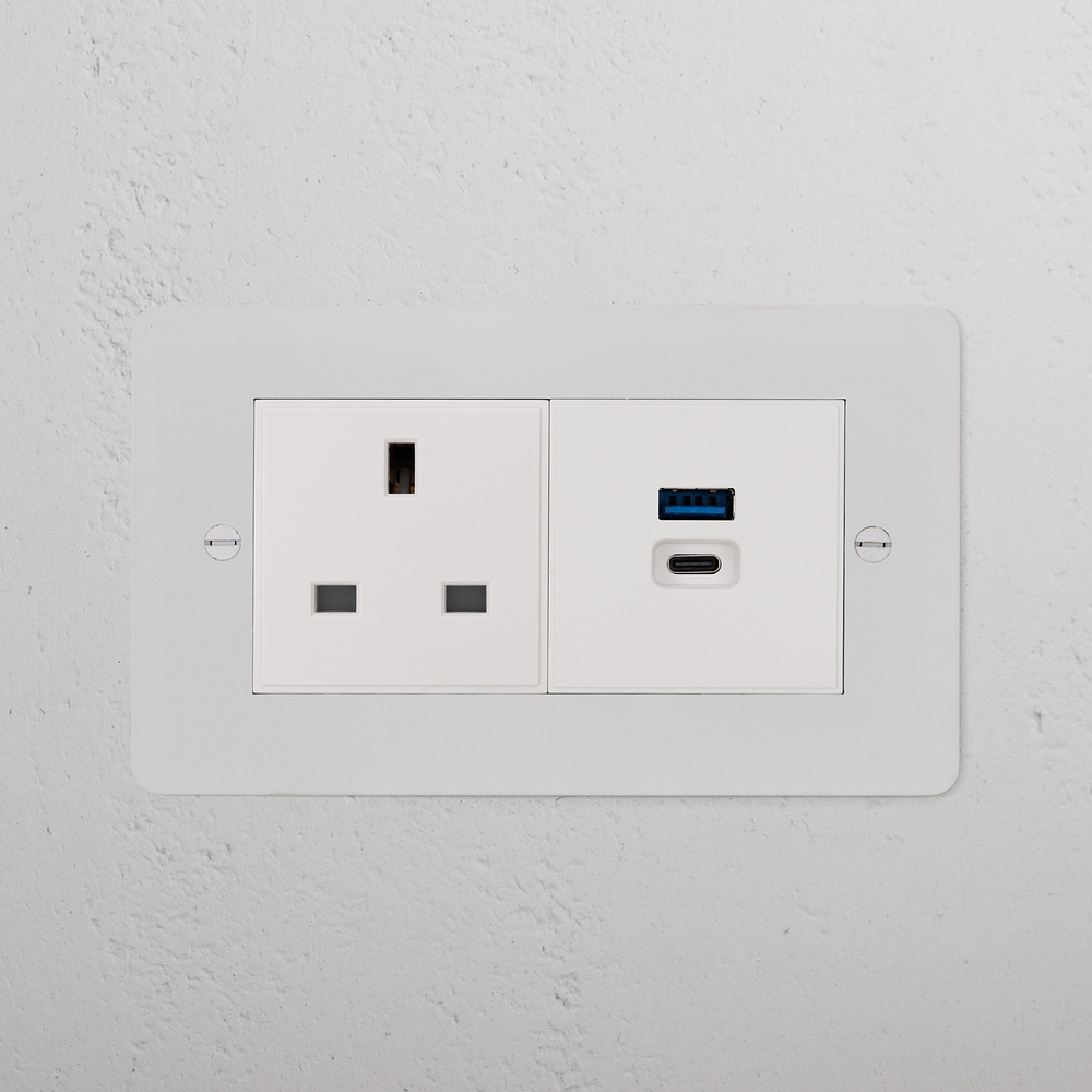 Double 13A & USB-A+C Fast Charge Socket - Paintable | White