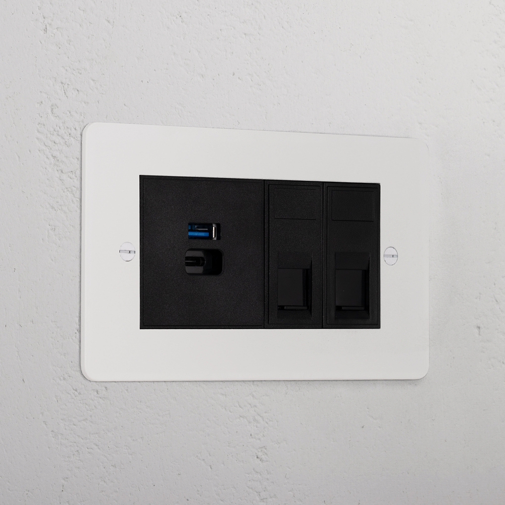 Double 2x CAT 6 & USB A+C Fast Charge Socket - Paintable | Black