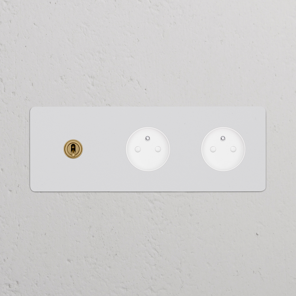 Kew Triple Toggle & 2x French/Belgian Type E Socket - Paintable Antique Brass | White