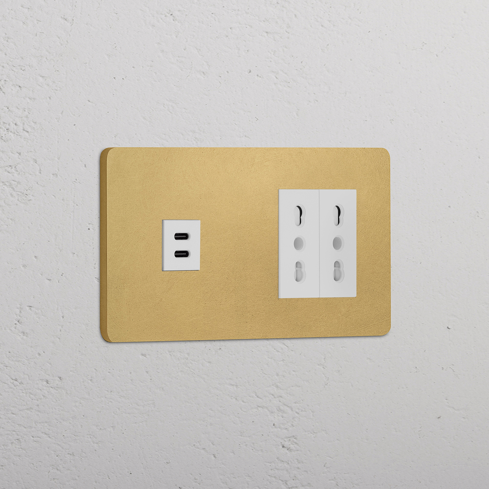Grove USB-C-Anschluss (30 W) 1x + Bipasso-Steckdoseneinsatz (Typ K) 2x in Zweifachrahmen – Antikes Messing | Weiss