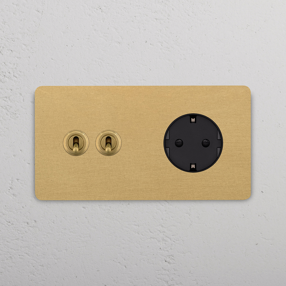 Grove Double 2x Toggle & Schuko Type F Socket - Antique Brass | Black