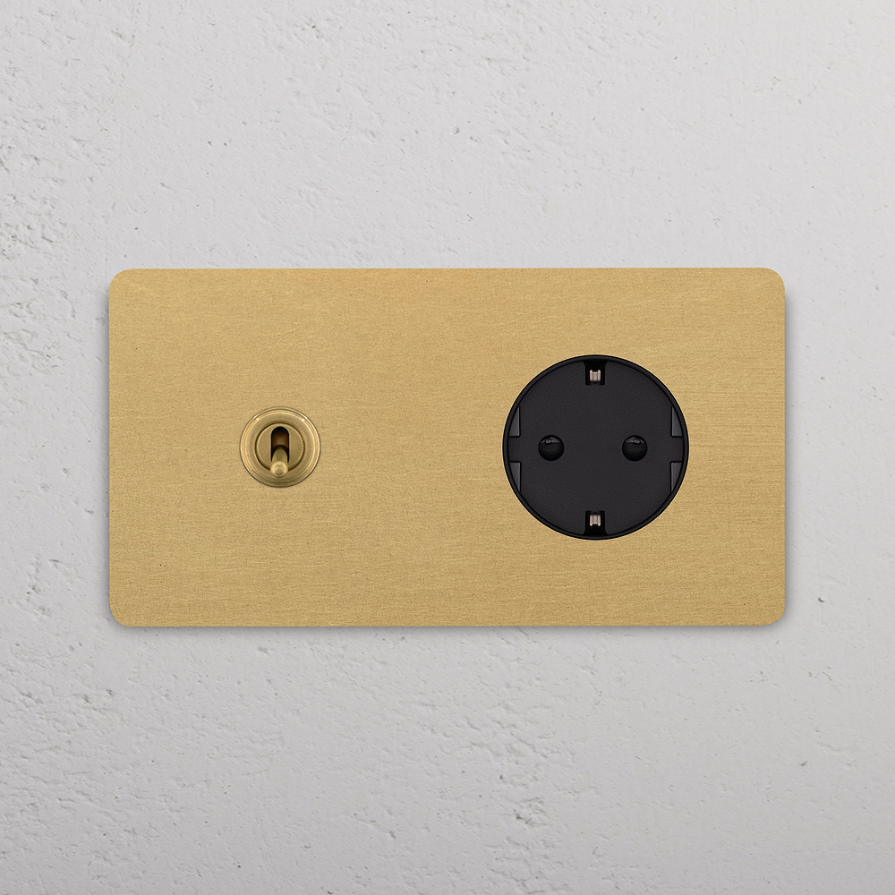 Grove Double Toggle & Schuko Type F Socket - Antique Brass | Black