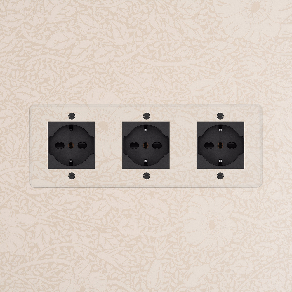 Kew Prise Schuko/Bipasso x3 (Plaque Triple) – Transparence | Noir
