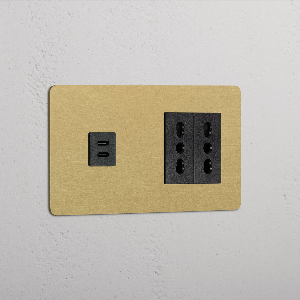 Kew Enchufe USB-C 30W con Bipasso x2 (marco doble) - Latón antiguo | Negro