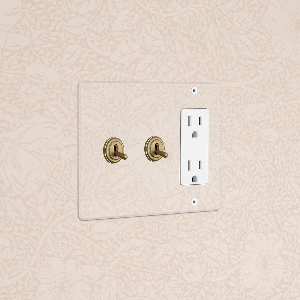 Kew 3G 2x Toggle Switch & Outlet - Clear Antique Brass White