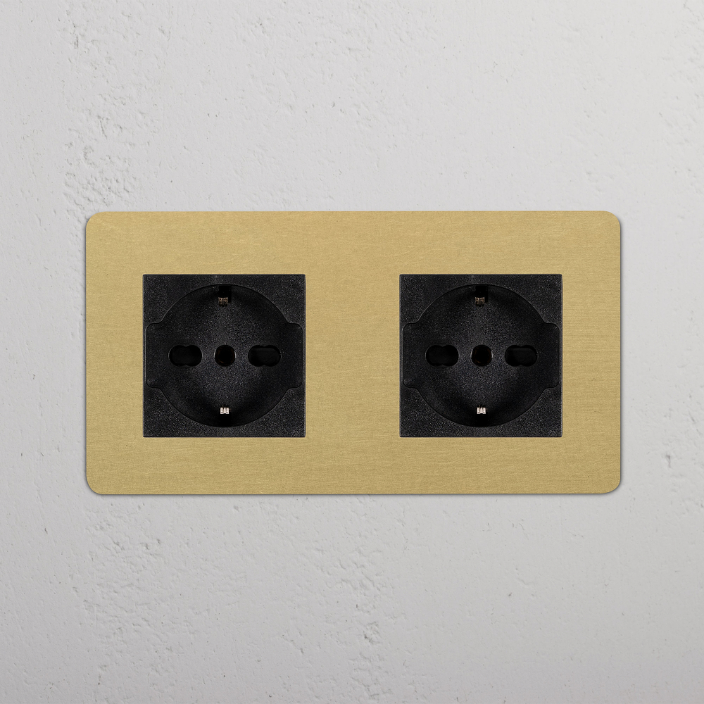 Kew Double 2x Schuko/Bipasso Socket - Antique Brass | Black