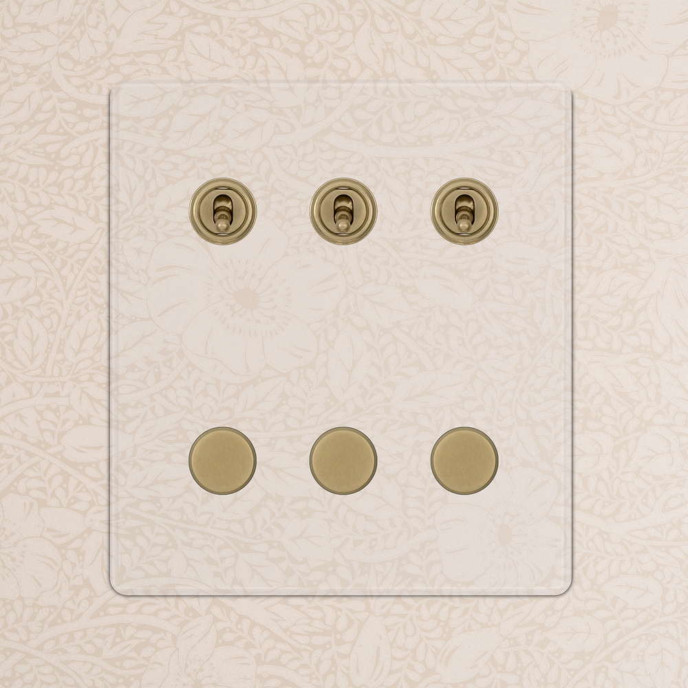 6G 3x Toggle Switch & 3x Dimmer Switch - Clear Antique Brass