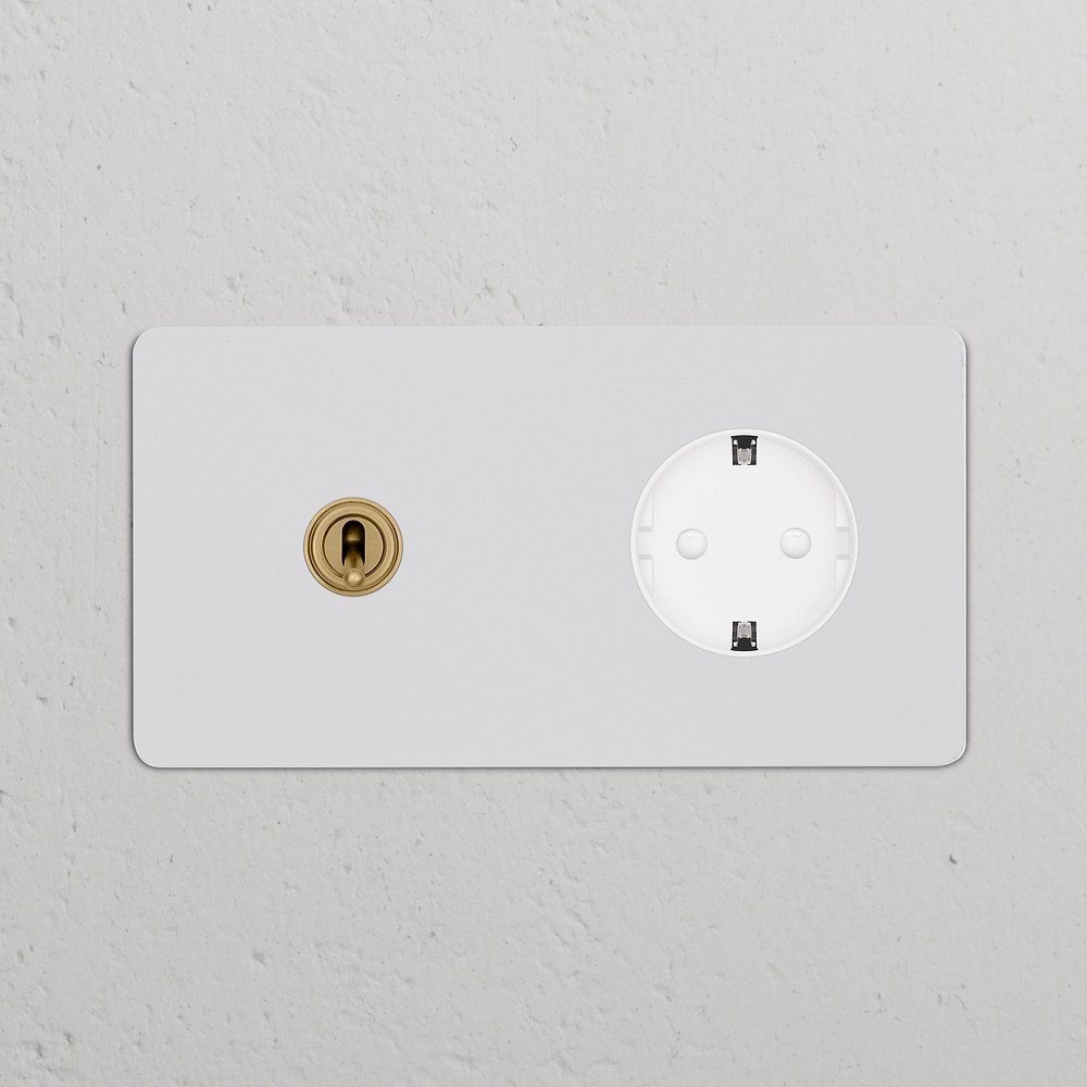Kew Double Toggle & Schuko Type F Socket - Paintable Antique Brass | White