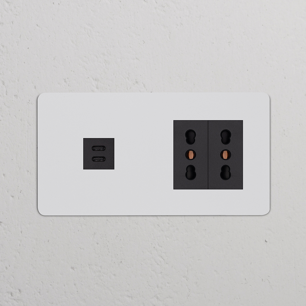 Kew Prise USB-C 30 W & Prise Bipasso x2 (Plaque Double) – Peignable | Noir