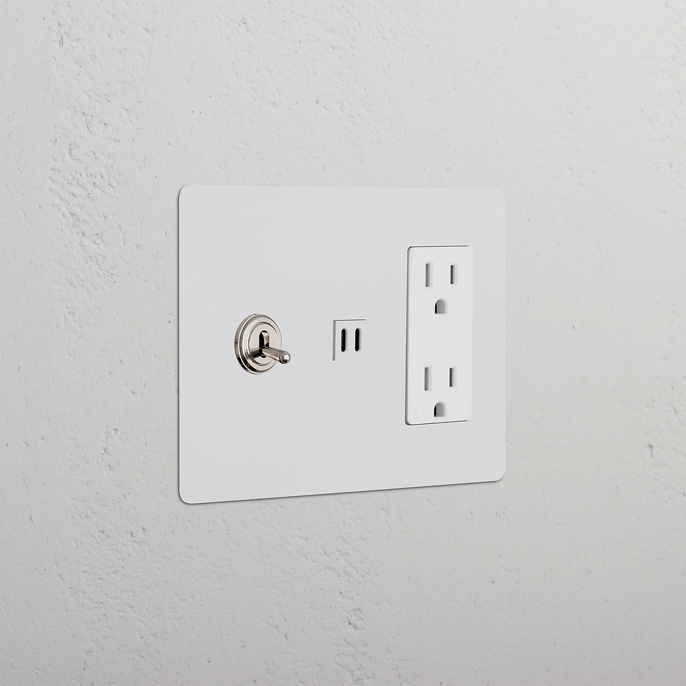 Kew 3G Toggle Switch & Outlet & Fast Charge USB - Paintable Polished Nickel White
