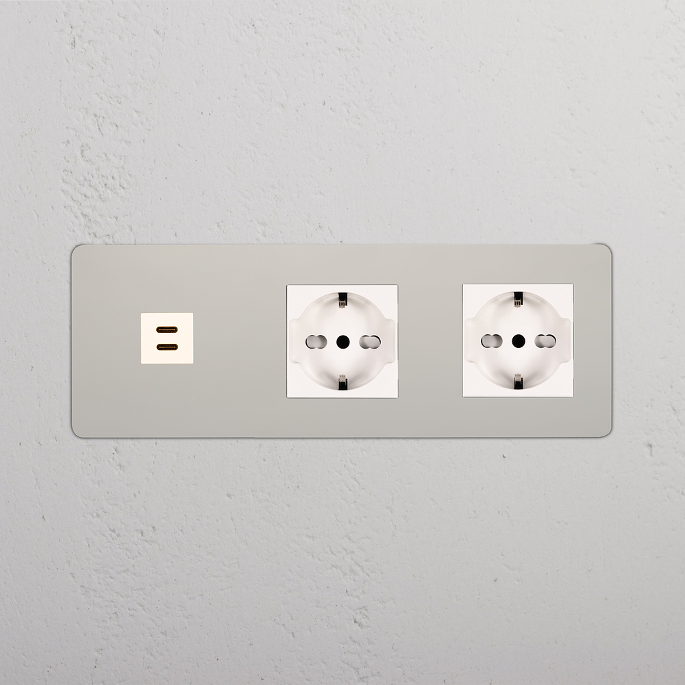 Kew Triple USB-C 30W & 2x Schuko/Bipasso Socket - Polished Nickel | White