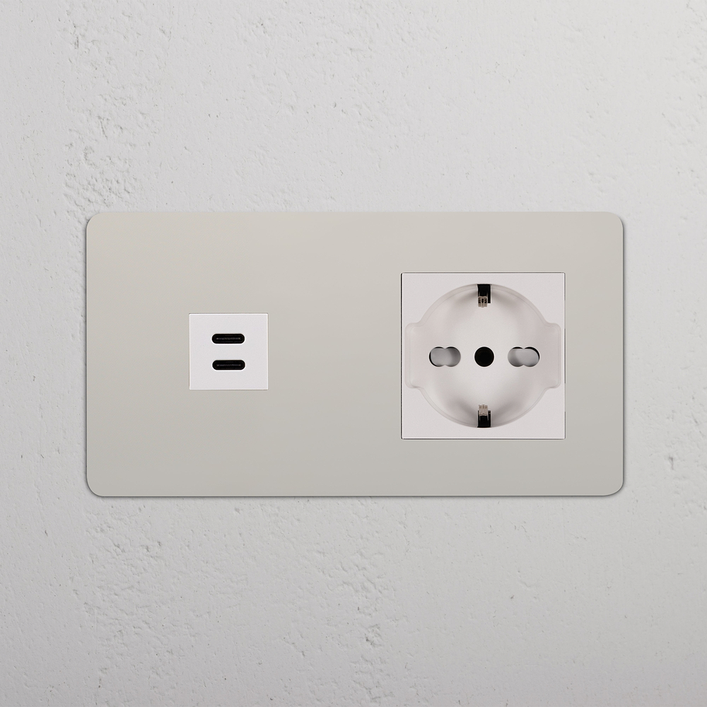 Kew Enchufe USB-C 30W con Schuko/Bipasso (marco doble) - Níquel pulido | Blanco