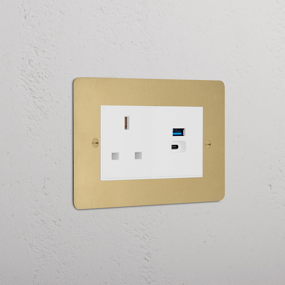 Double 13A & USB-A+C Fast Charge Socket - Antique Brass | White