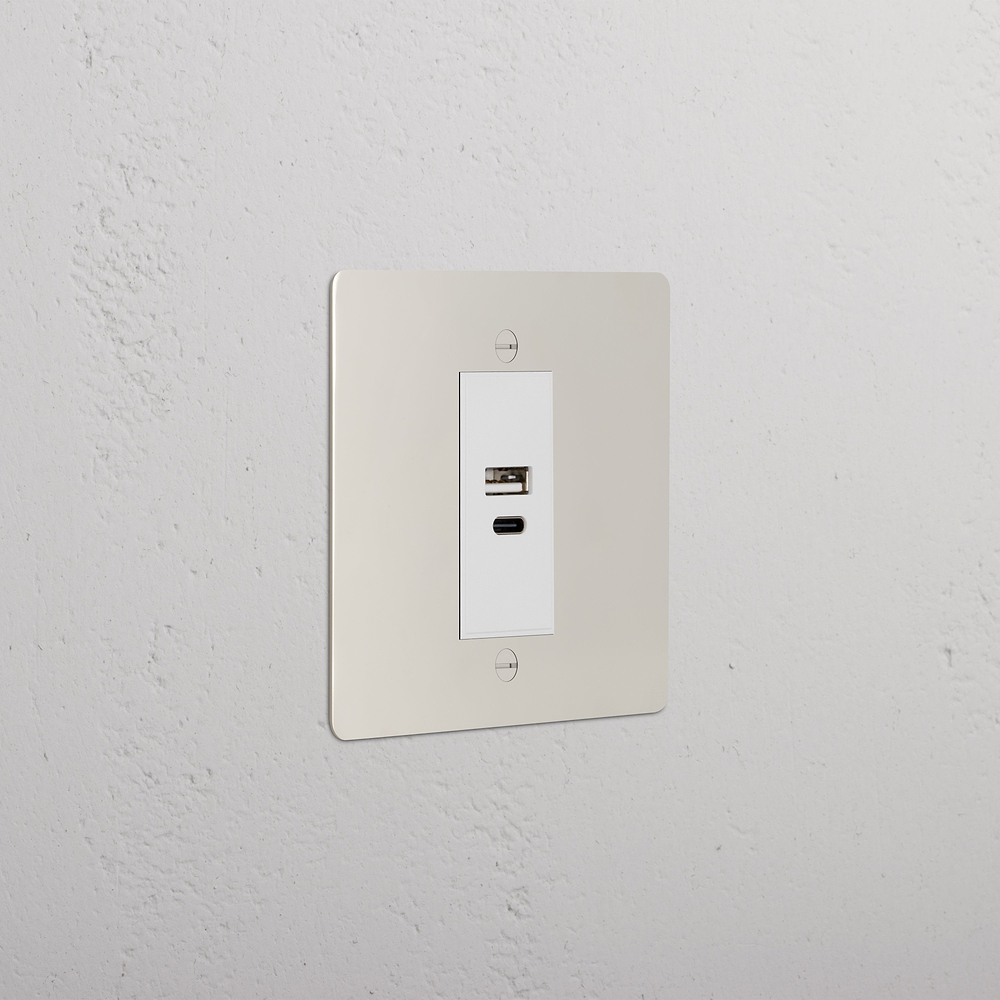 Single USB-A+C Socket - Polished Nickel | White