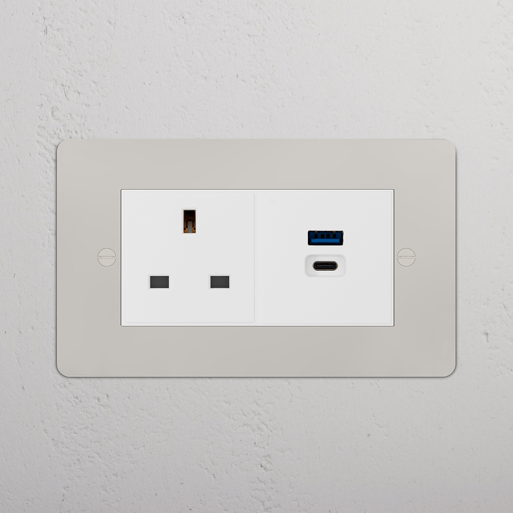 Double 13A & USB-A+C Fast Charge Socket - Polished Nickel | White