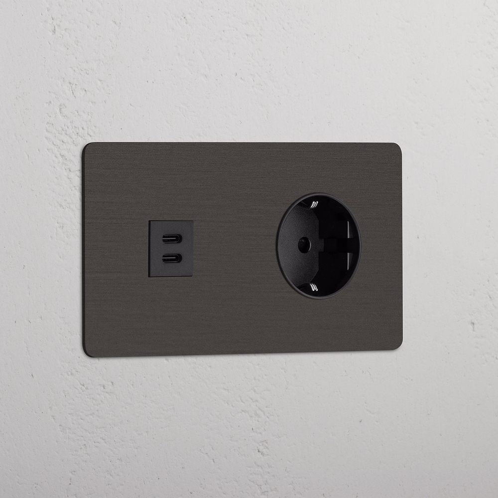 Kew Double USB-C 30W & Schuko Type F Socket - Bronze | Black