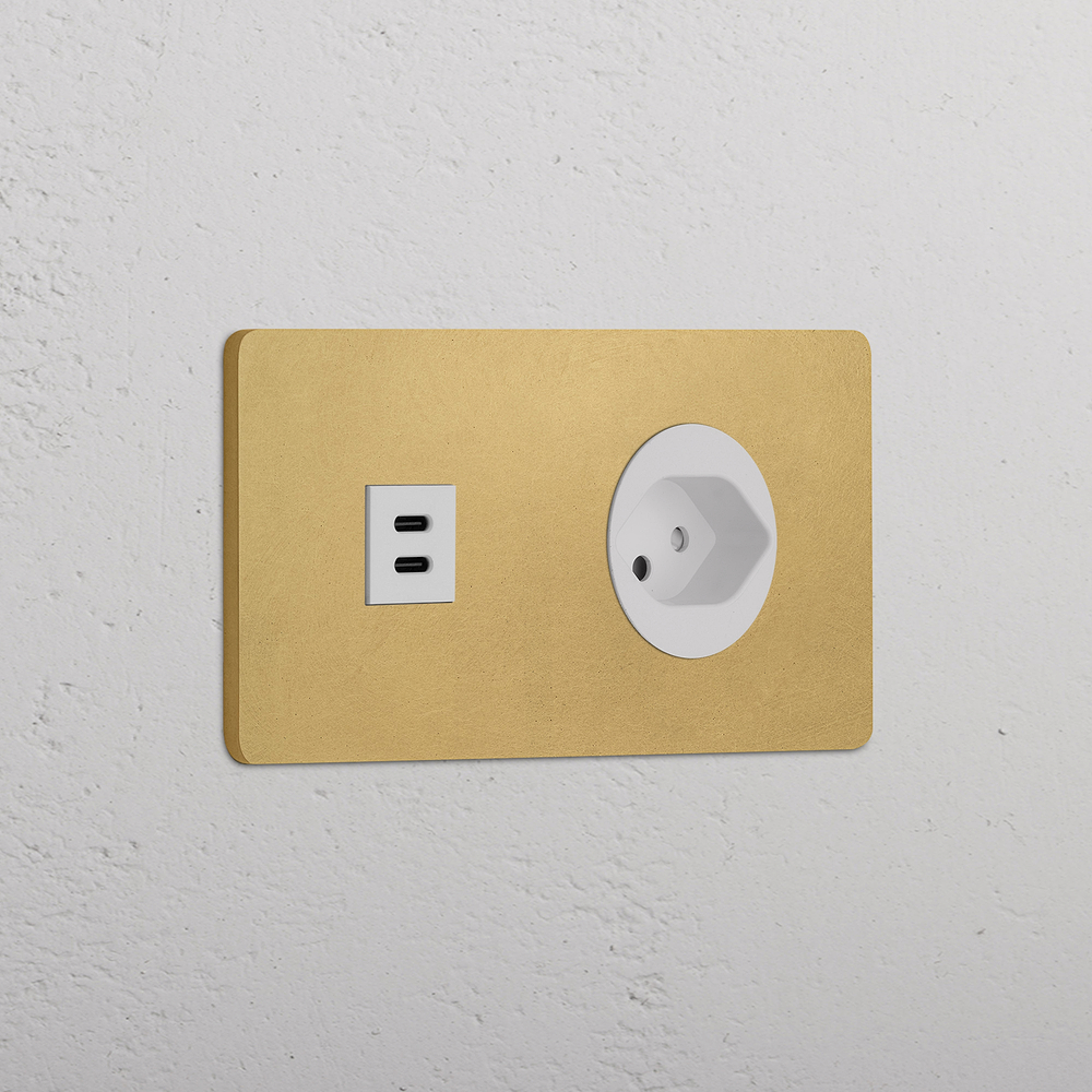 Grove USB-C-Anschluss (30 W) + Schweizer Steckdoseneinsatz (Typ J) je 1x in Zweifachrahmen – Antikes Messing | Weiss