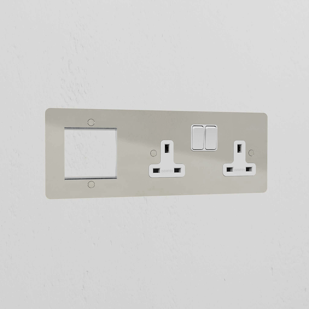 50mm Module & Double Socket Plate - Polished Nickel | White