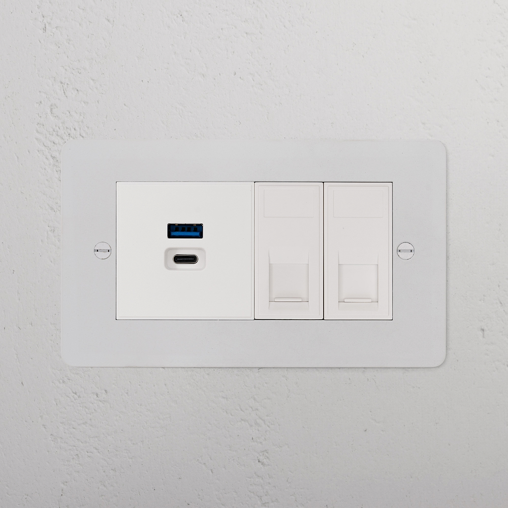 Double 2x CAT 6 & USB A+C Fast Charge Socket - Paintable | White