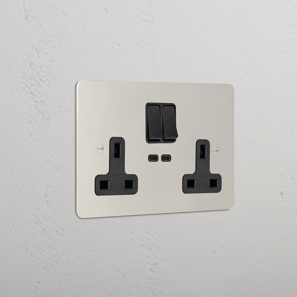Double Socket & USB-C Fast Charge - Polished Nickel | Black