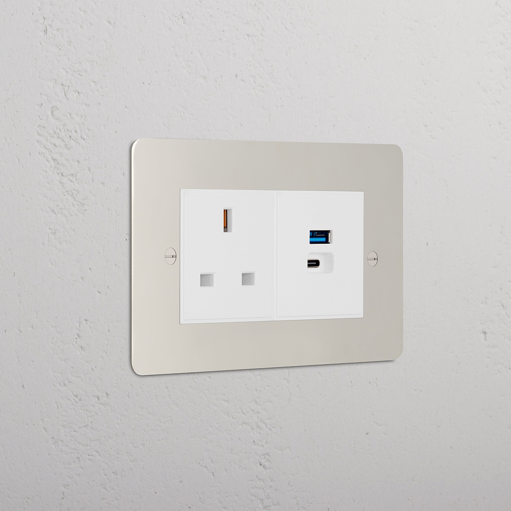 Double 13A & USB-A+C Fast Charge Socket - Polished Nickel | White