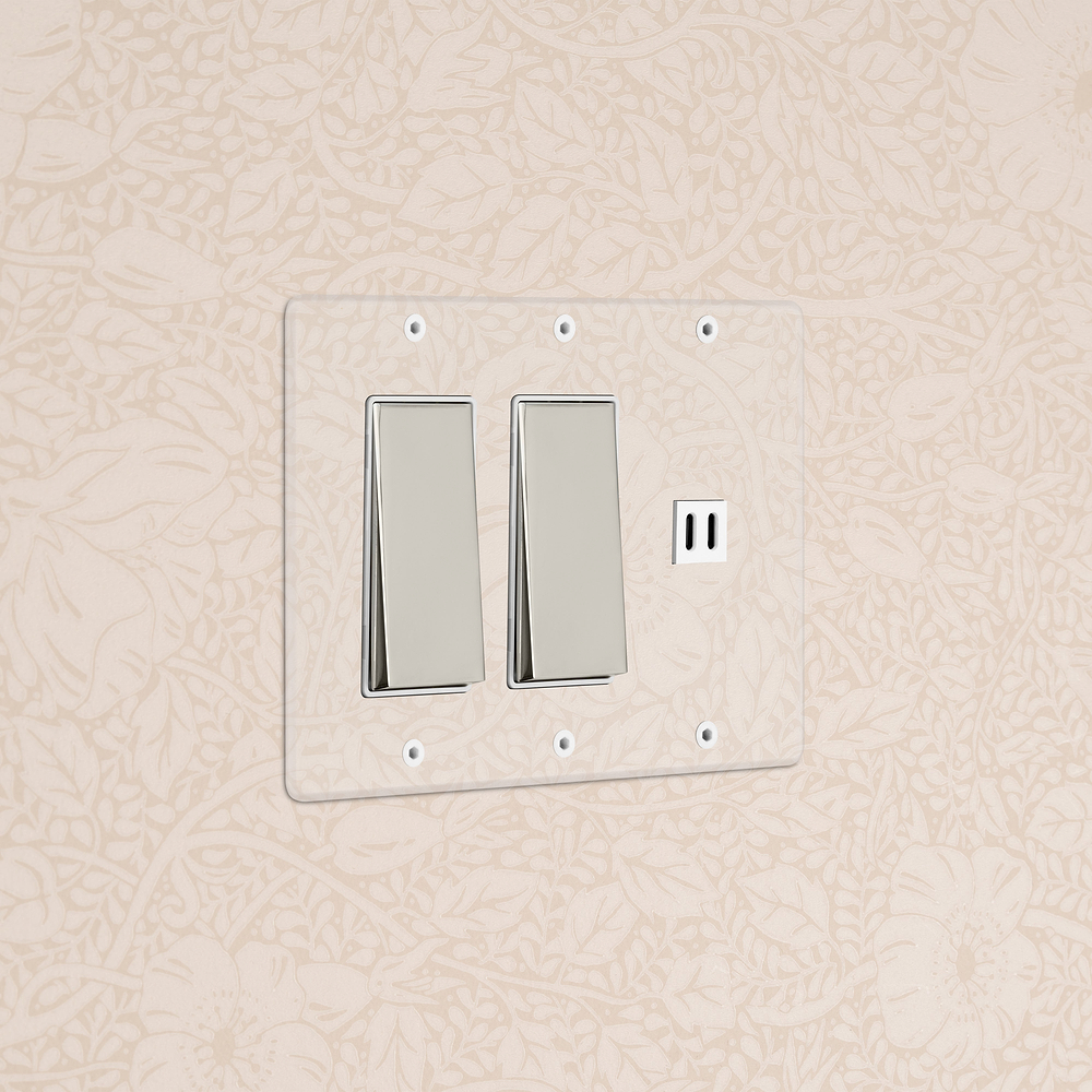 Kew 3G 2x Rocker Switch & Fast Charge USB - Clear Polished Nickel White