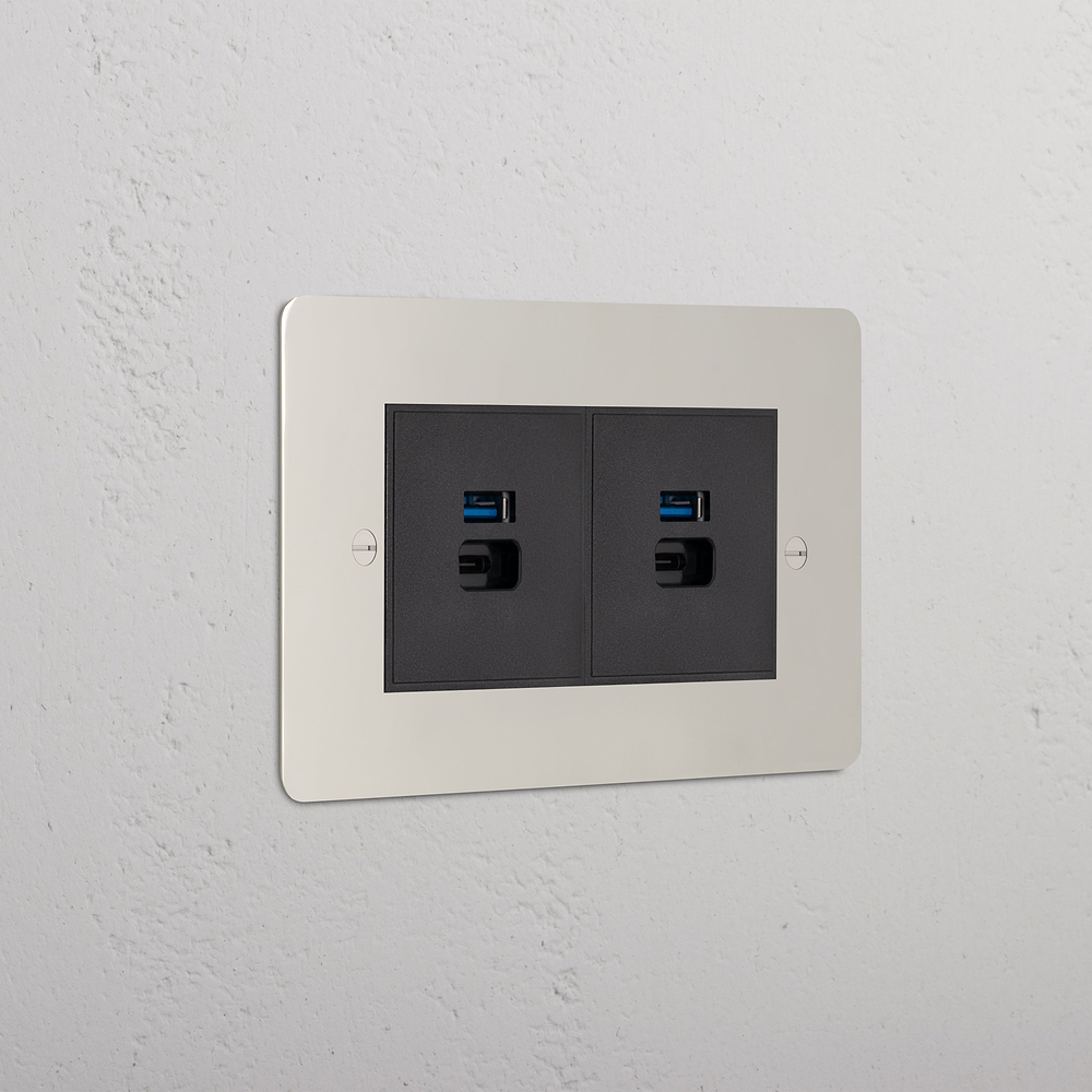 Double 2x USB-A+C Fast Charge Socket - Polished Nickel | Black