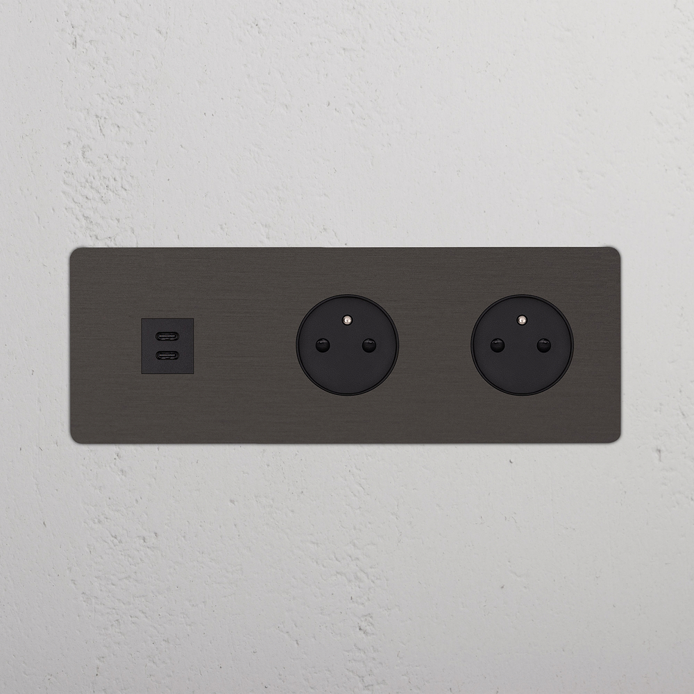 Kew Tomada USB-C 30 W & francesa/belga Tipo E de duas vias tripla - Bronze | Preto