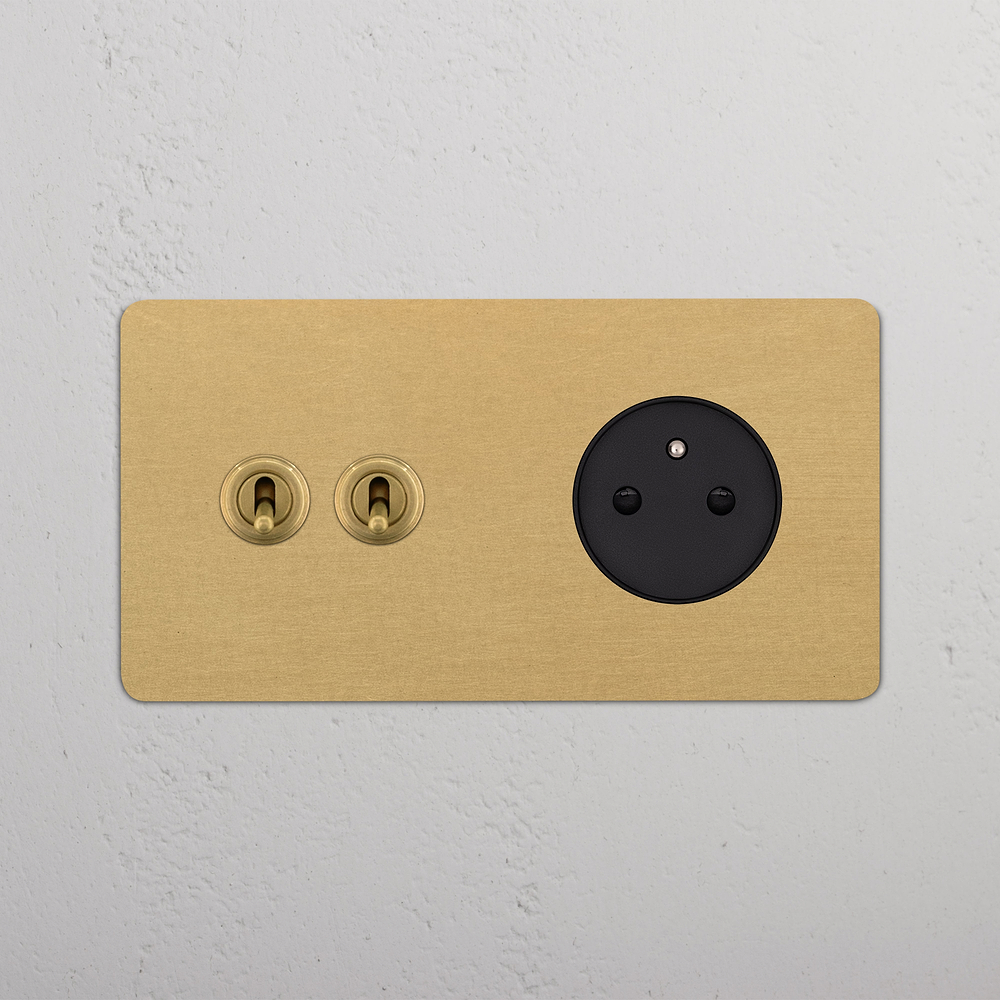 Kew Double 2x Toggle & French/Belgian Type E Socket - Antique Brass | Black