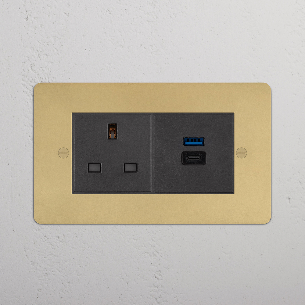 Double 13A & USB-A+C Fast Charge Socket - Antique Brass | Black
