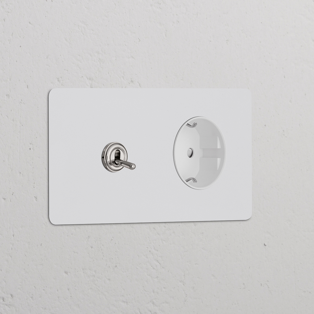 Kew Enchufe con palanca y Schuko tipo F (marco doble) - Níquel pulido y pintable | Blanco