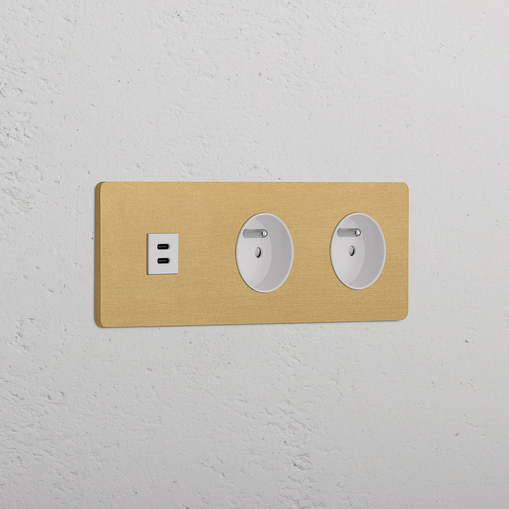 Grove Triple USB-C 30W & 2x French/Belgian Type E Socket - Antique Brass | White