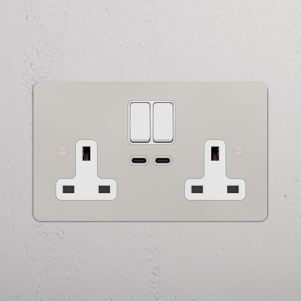 Double Socket & USB-C Fast Charge - Polished Nickel | White