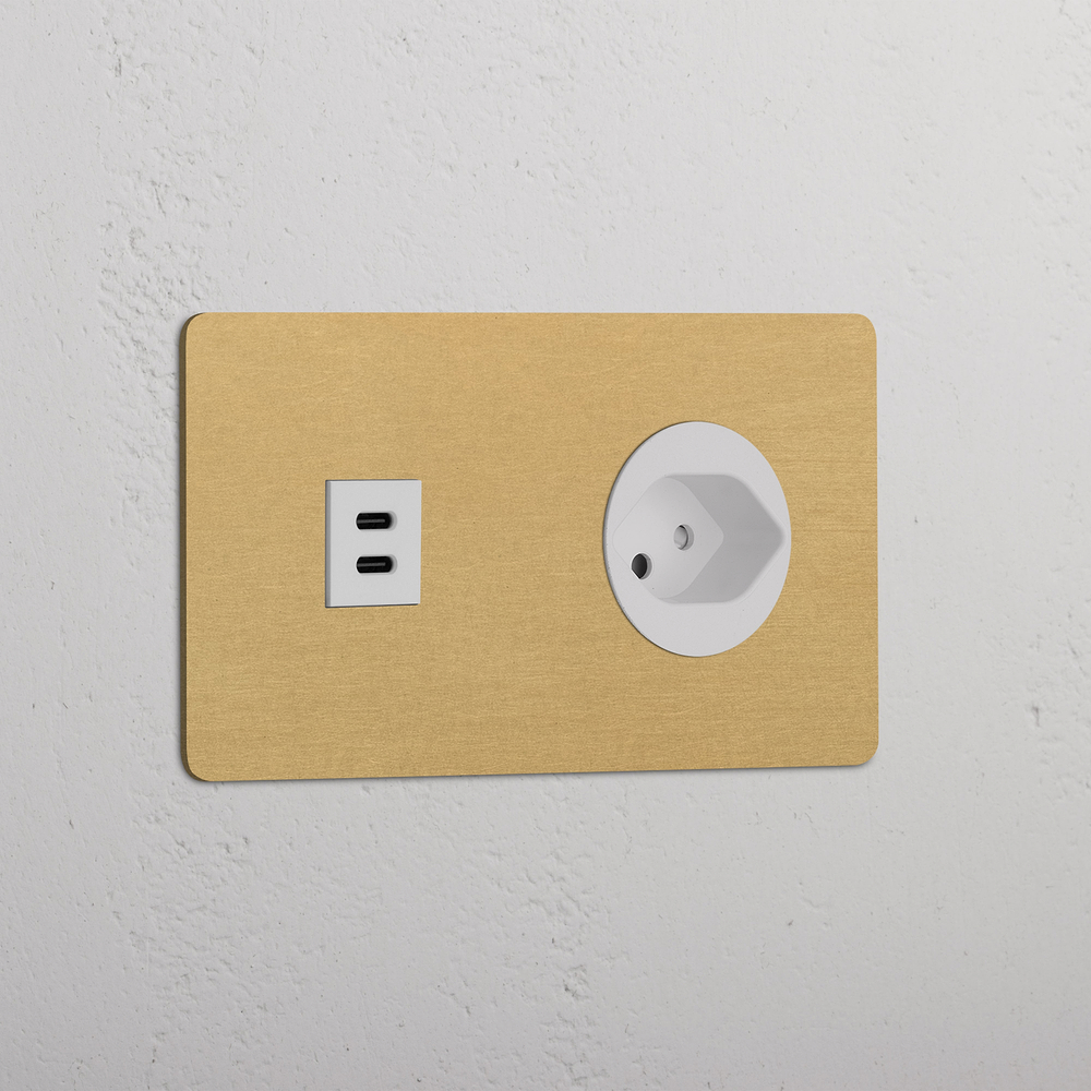Kew Presa USB-C 30W & Svizzera Tipo J Doppia - Ottone antico | Bianco
