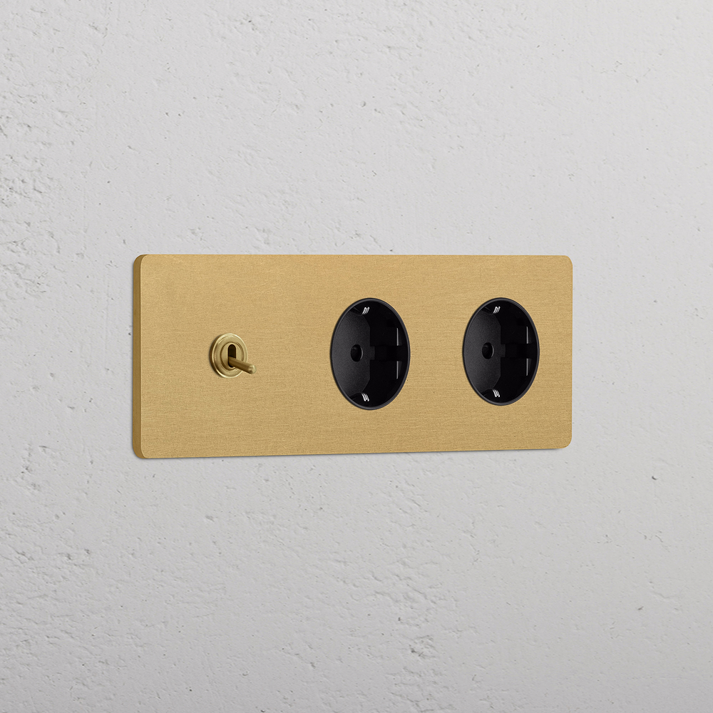 Grove Triple Toggle & 2x Schuko Type F Socket - Antique Brass | Black