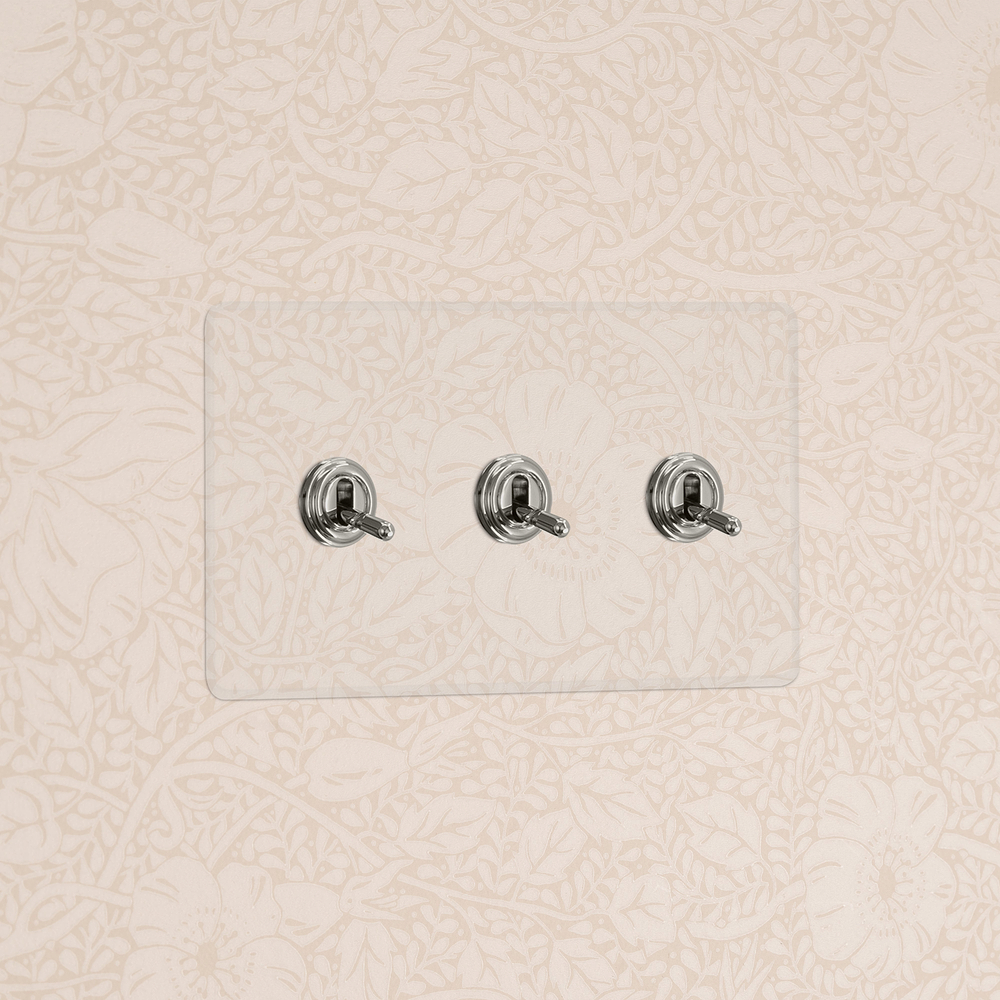Kew Kipphebelschalter 3x in Zweifachrahmen – Transparent + Poliertes Nickel