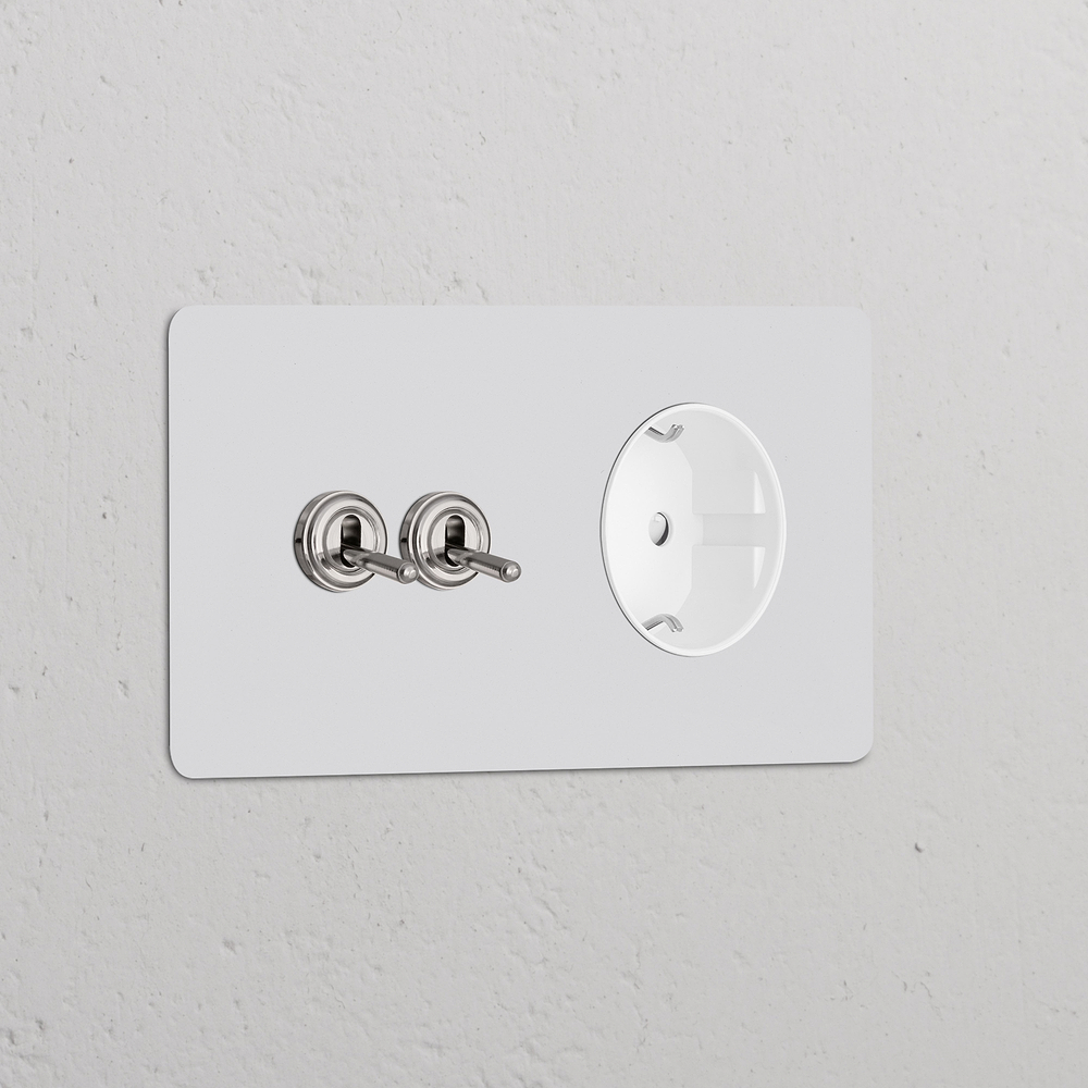 Kew Double 2x Toggle & Schuko Type F Socket - Paintable Polished Nickel | White