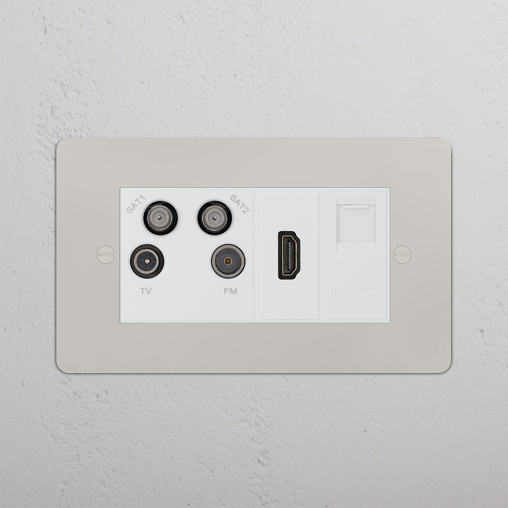 Double Aerial & HDMI & CAT6 Socket - Polished Nickel | White