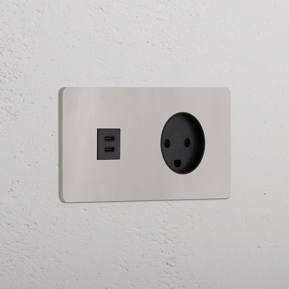 Grove Double USB-C 30W & Danish Type K Socket - Polished Nickel | Black