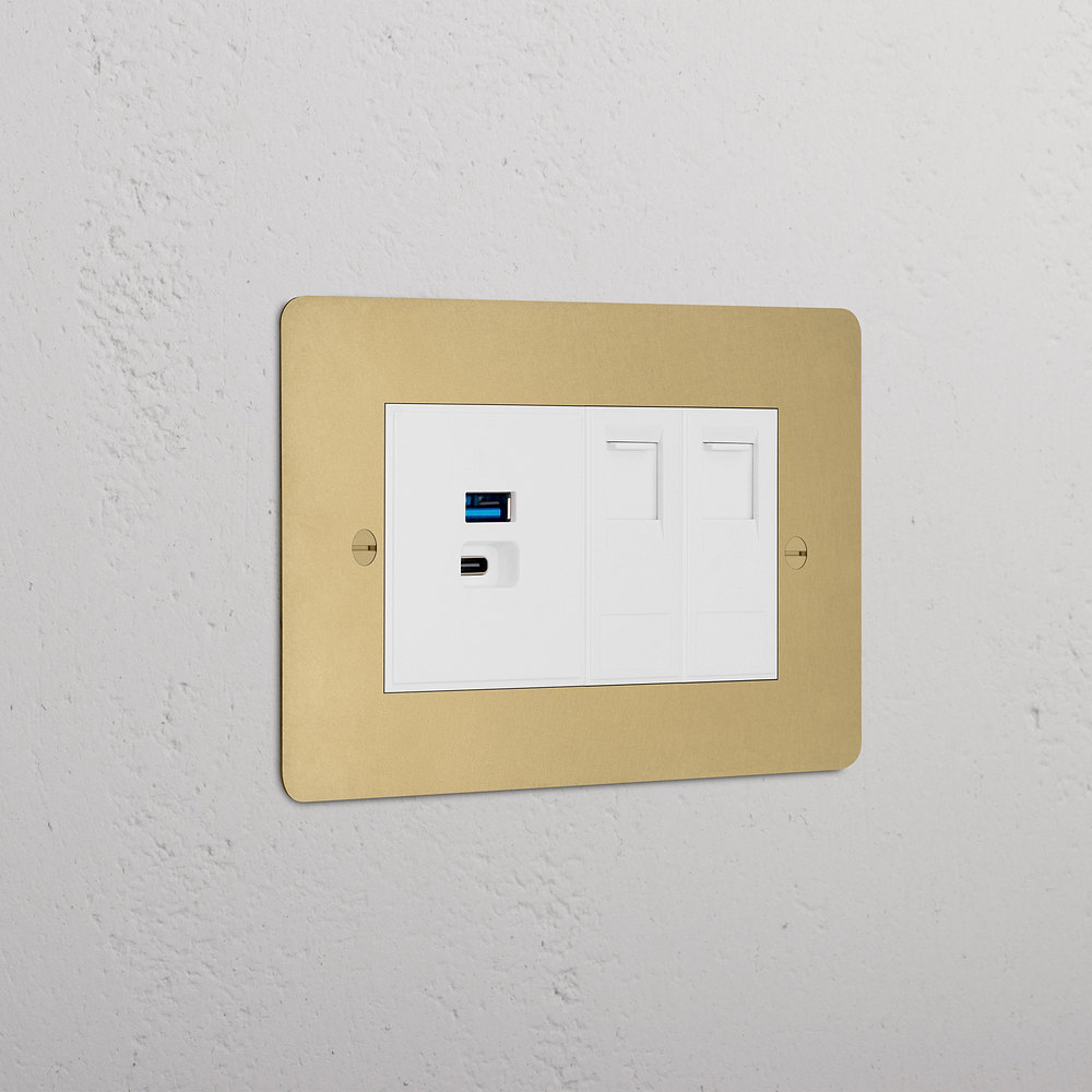 Double 2x CAT 6 & USB-A+C Fast Charge Socket - Antique Brass | White