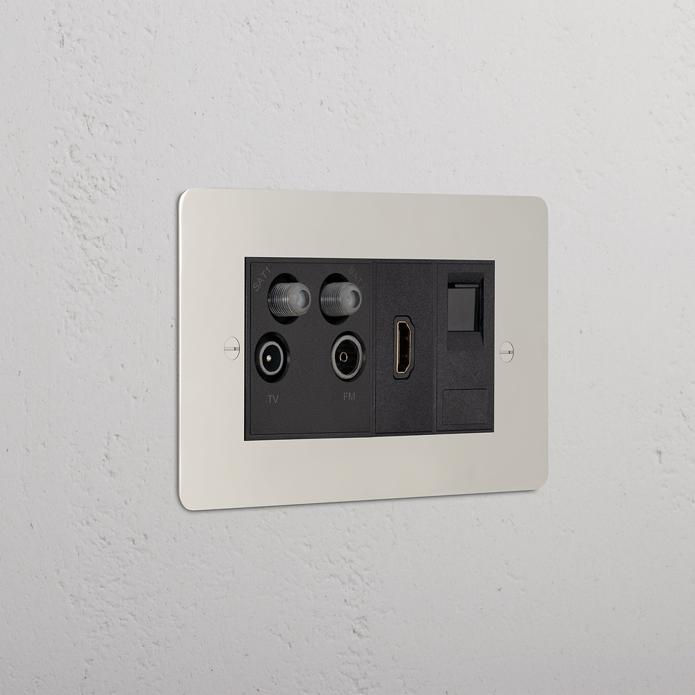 Double Aerial & HDMI & CAT6 Socket - Polished Nickel | Black