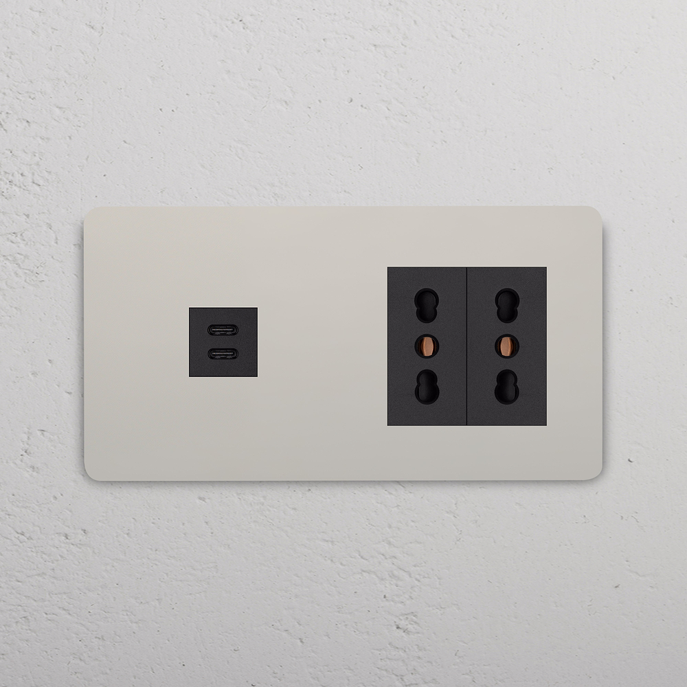 Grove USB-C-Anschluss (30 W) 1x + Bipasso-Steckdoseneinsatz (Typ K) 2x in Zweifachrahmen – Poliertes Nickel | Schwarz