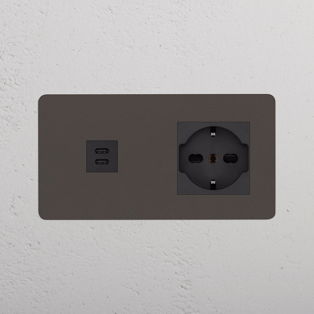 Kew Double USB-C 30W & Schuko/Bipasso Socket - Bronze | Black