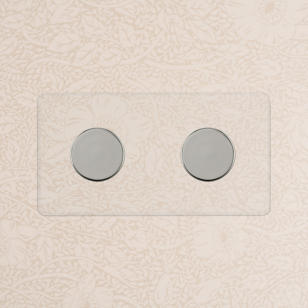 Kew Drehdimmschalter 2x in Zweifachrahmen – Transparent + Poliertes Nickel