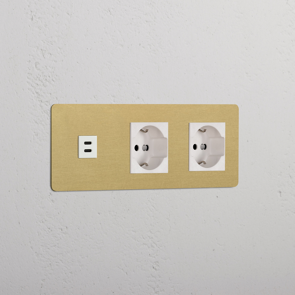 Kew Triple USB-C 30W & 2x Schuko/Bipasso Socket - Antique Brass | White