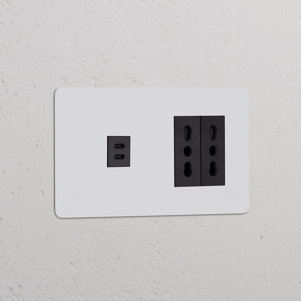 Kew Prise USB-C 30 W & Prise Bipasso x2 (Plaque Double) – Peignable | Noir